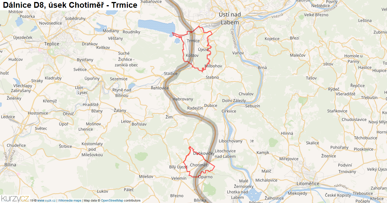 Úsek Chotiměř - Trmice, Dálnice D8 - Mapa