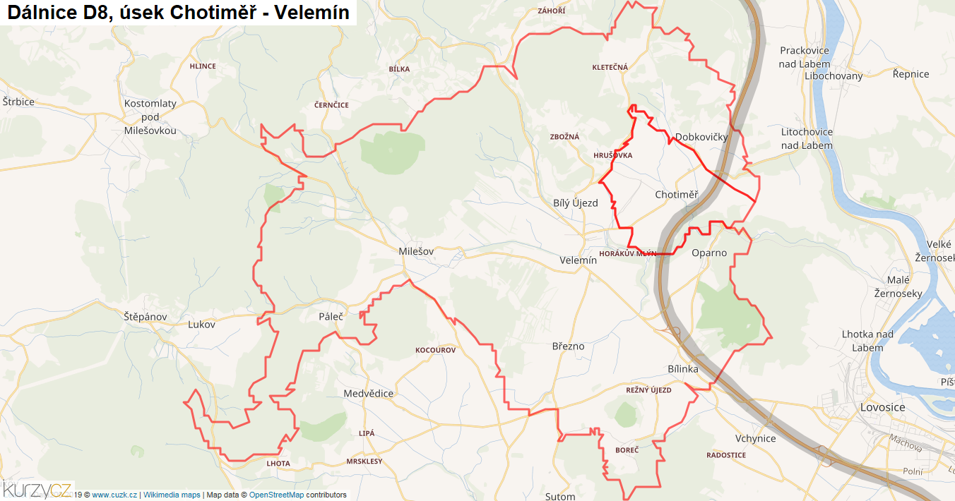 Úsek Chotiměř - Velemín, Dálnice D8 - Mapa