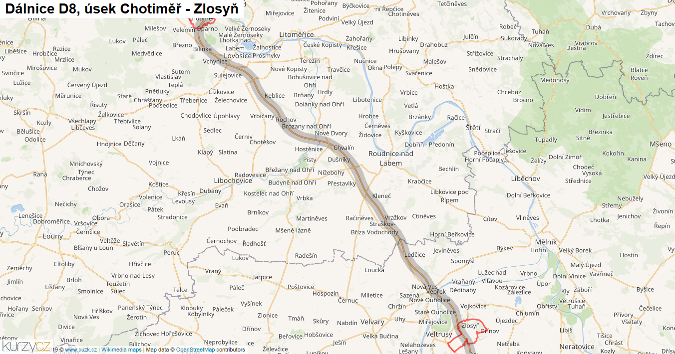 Úsek Chotiměř - Zlosyň, Dálnice D8 - Mapa