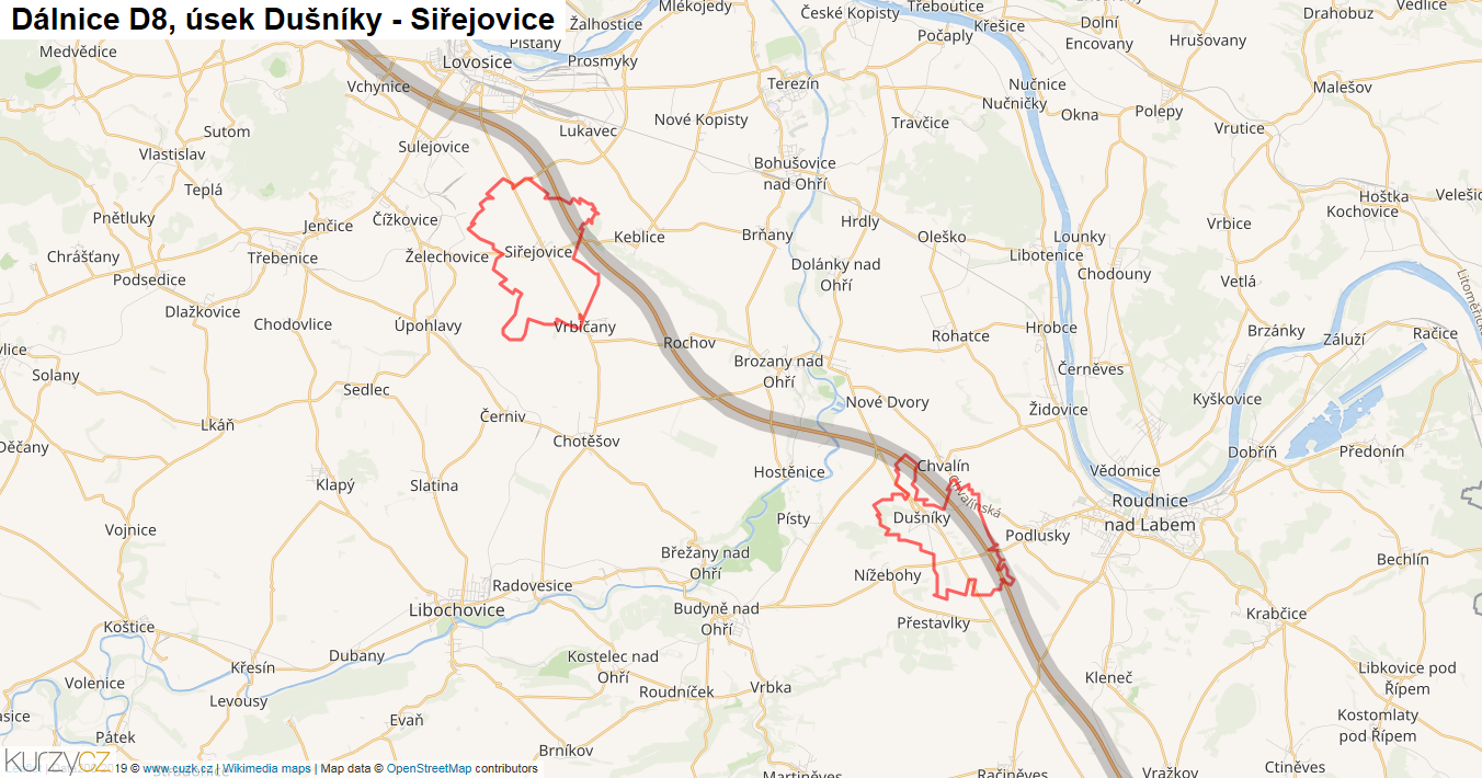 Úsek Dušníky - Siřejovice, Dálnice D8 - Mapa