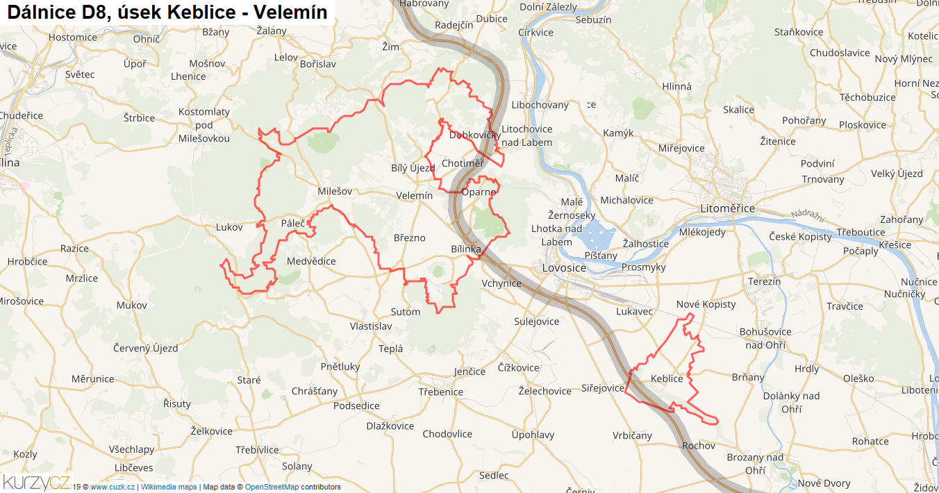 Úsek Keblice - Velemín, Dálnice D8 - Mapa