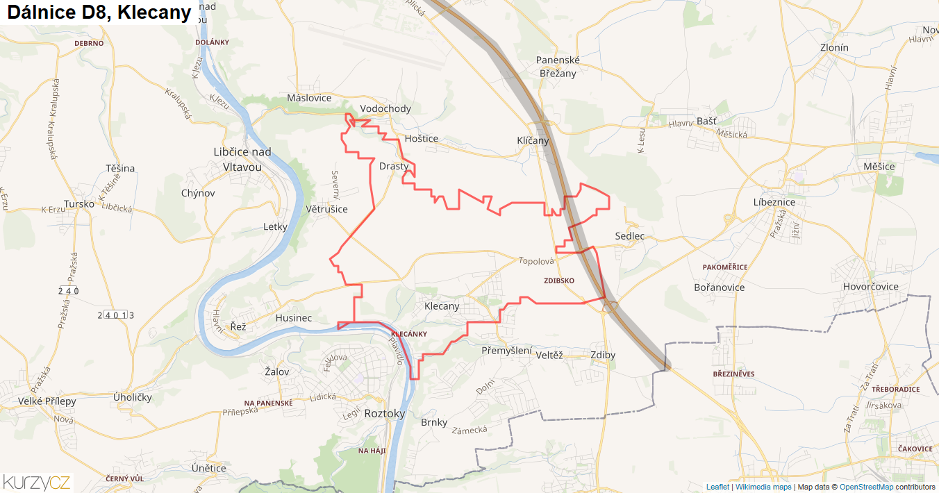 Klecany, Dálnice D8 - Mapa