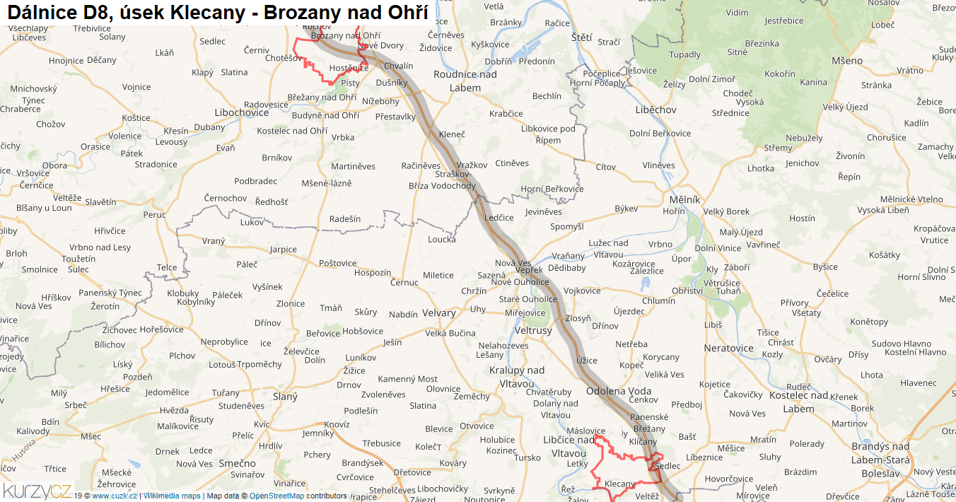 Úsek Klecany - Brozany nad Ohří, Dálnice D8 - Mapa
