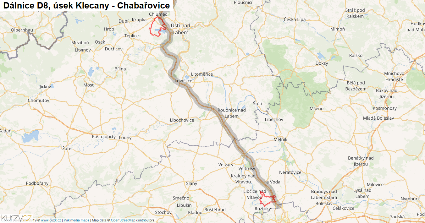 Úsek Klecany - Chabařovice, Dálnice D8 - Mapa