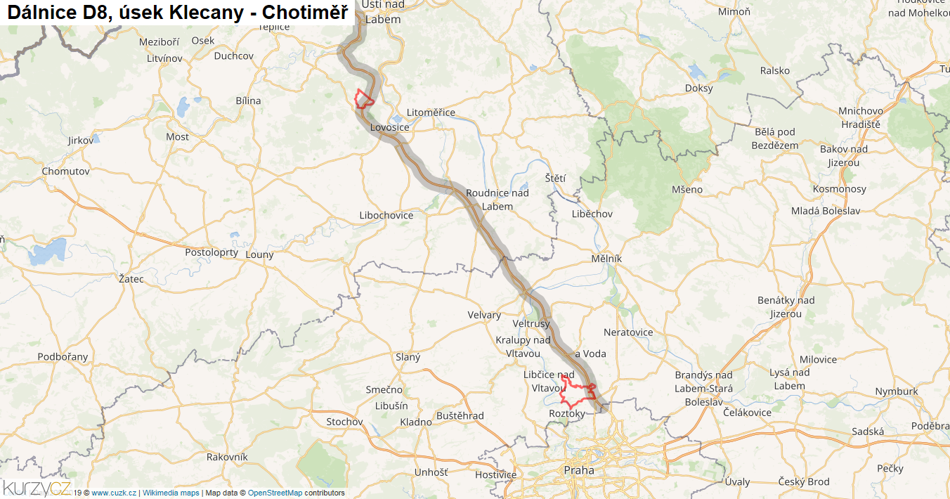 Úsek Klecany - Chotiměř, Dálnice D8 - Mapa