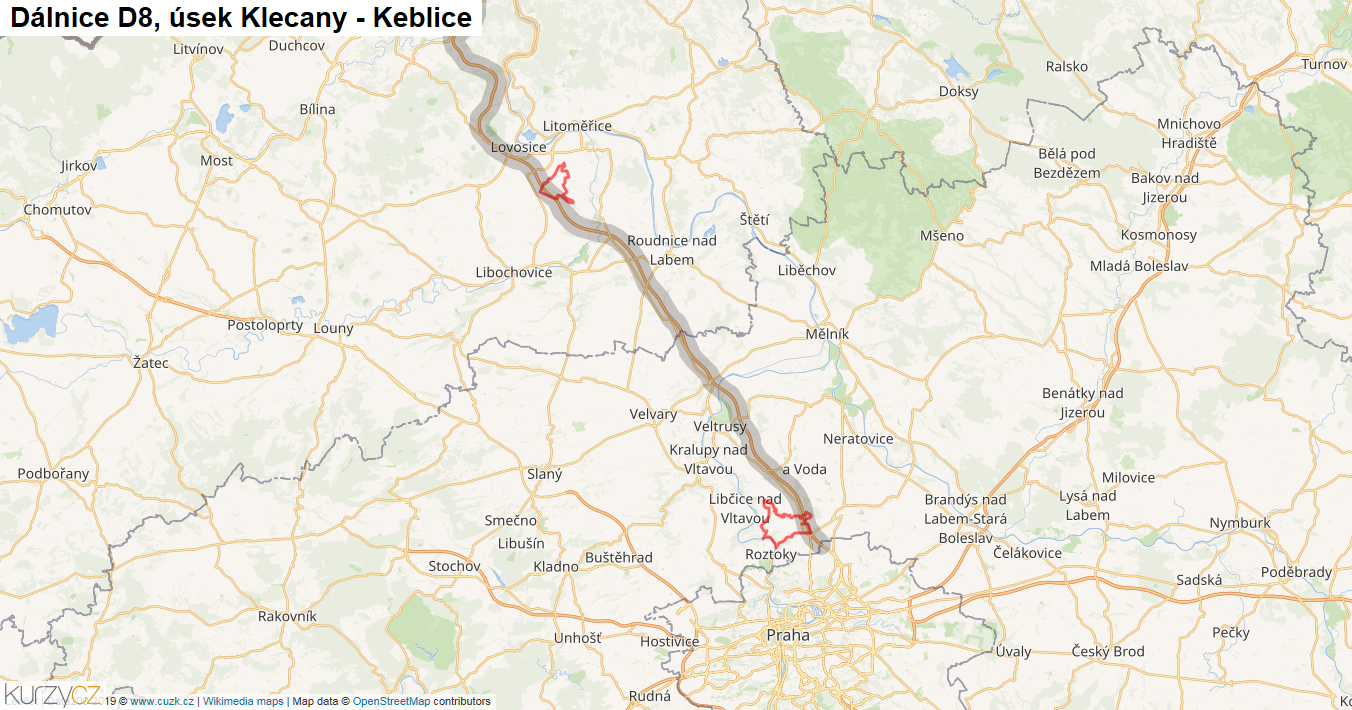 Úsek Klecany - Keblice, Dálnice D8 - Mapa