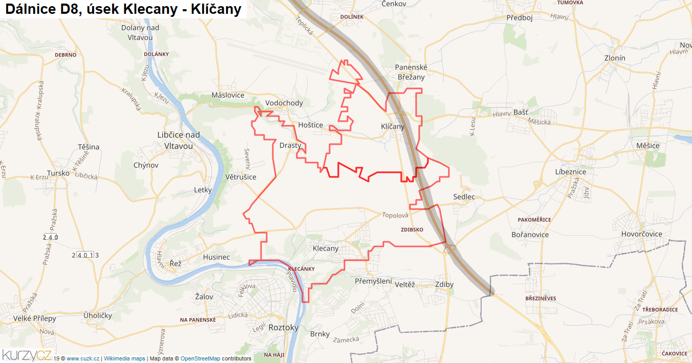 Úsek Klecany - Klíčany, Dálnice D8 - Mapa