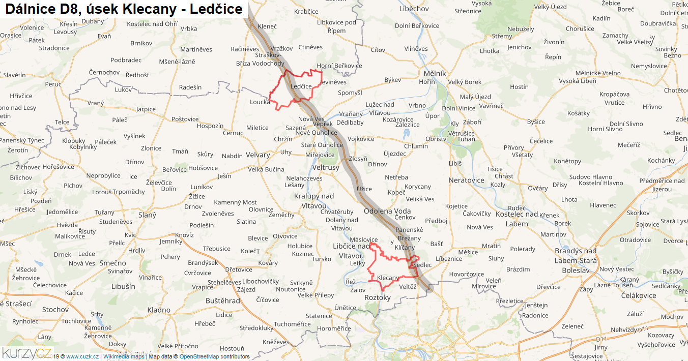 Úsek Klecany - Ledčice, Dálnice D8 - Mapa