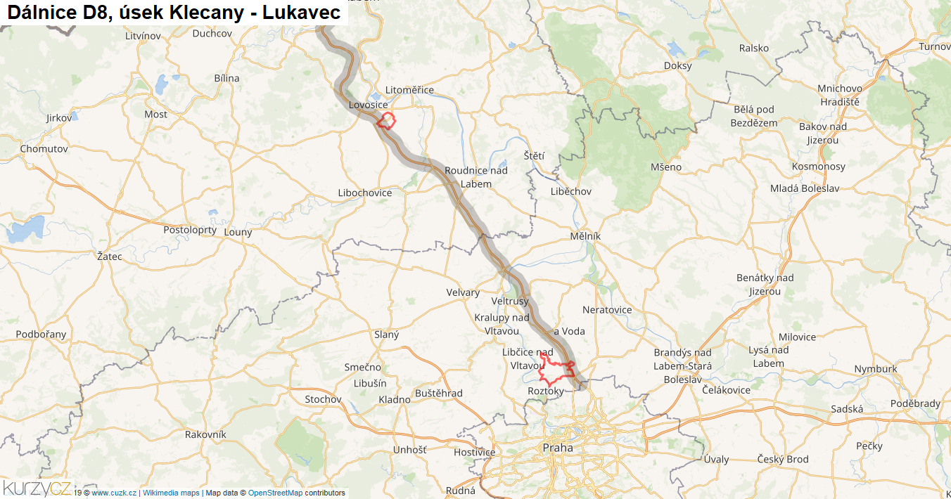 Úsek Klecany - Lukavec, Dálnice D8 - Mapa