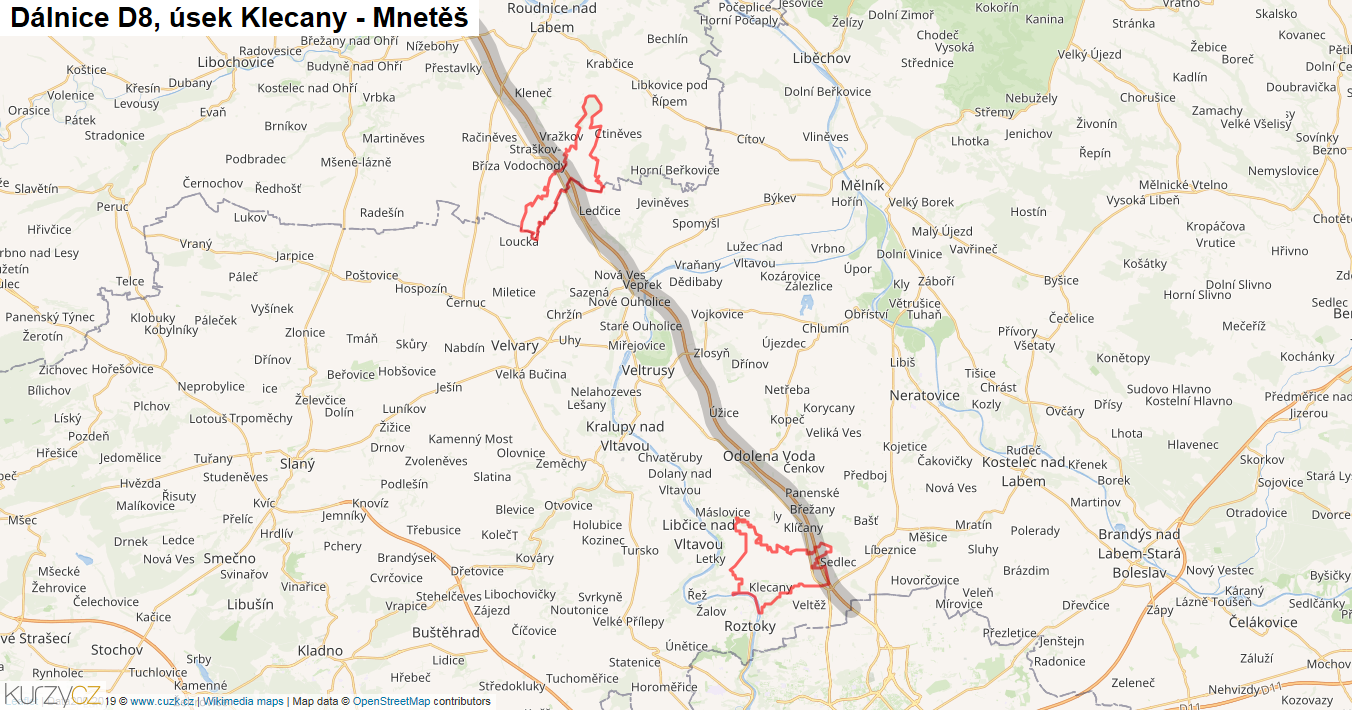 Úsek Klecany - Mnetěš, Dálnice D8 - Mapa