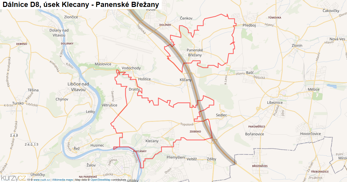 Úsek Klecany - Panenské Břežany, Dálnice D8 - Mapa