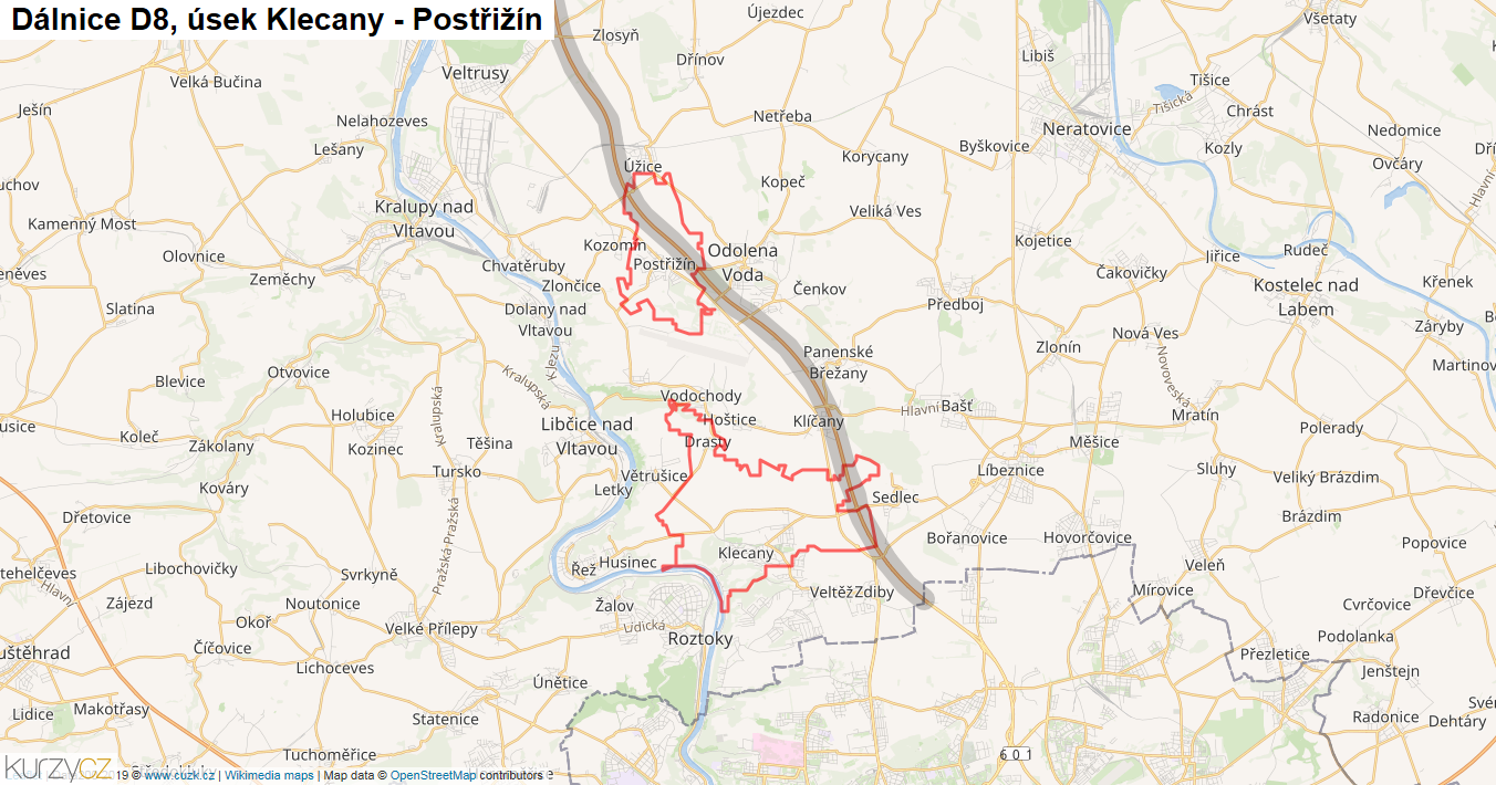 Úsek Klecany - Postřižín, Dálnice D8 - Mapa