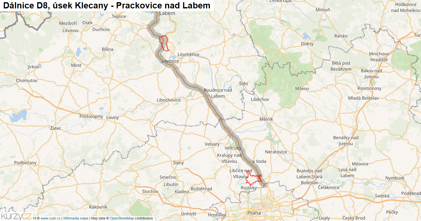 Úsek Klecany - Prackovice nad Labem, Dálnice D8 - Mapa