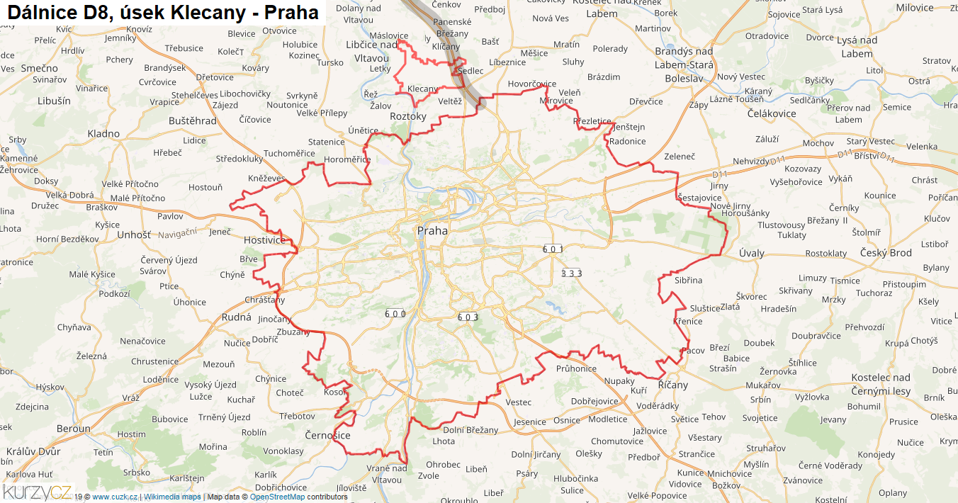 Úsek Klecany - Praha, Dálnice D8 - Mapa