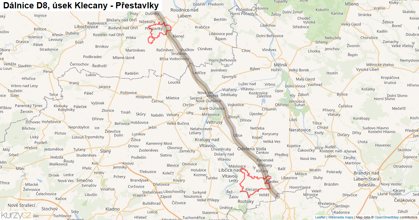 Úsek Klecany - Přestavlky, Dálnice D8 - Mapa