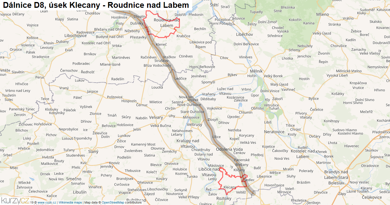 Úsek Klecany - Roudnice nad Labem, Dálnice D8 - Mapa