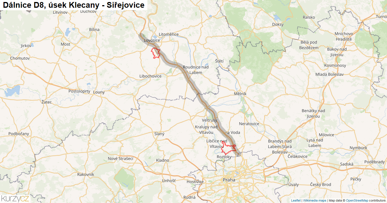 Úsek Klecany - Siřejovice, Dálnice D8 - Mapa