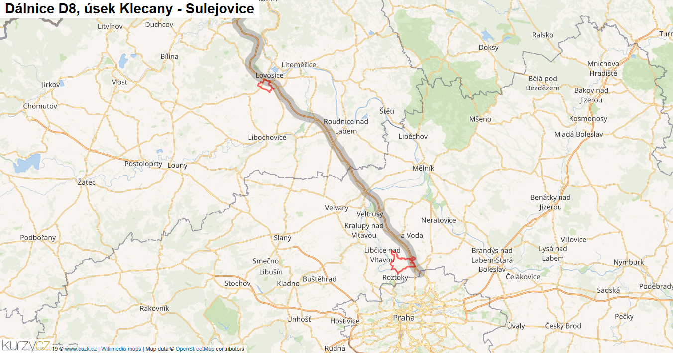 Úsek Klecany - Sulejovice, Dálnice D8 - Mapa