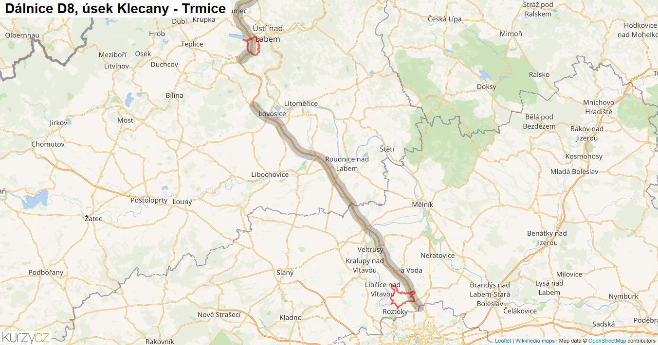 Úsek Klecany - Trmice, Dálnice D8 - Mapa