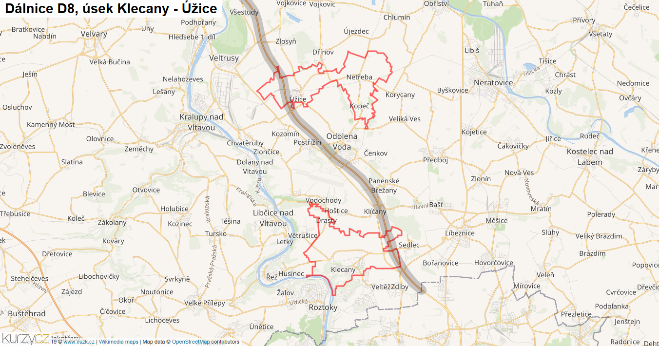 Úsek Klecany - Úžice, Dálnice D8 - Mapa