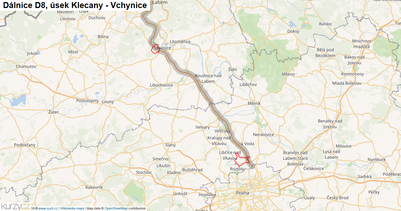 Úsek Klecany - Vchynice, Dálnice D8 - Mapa
