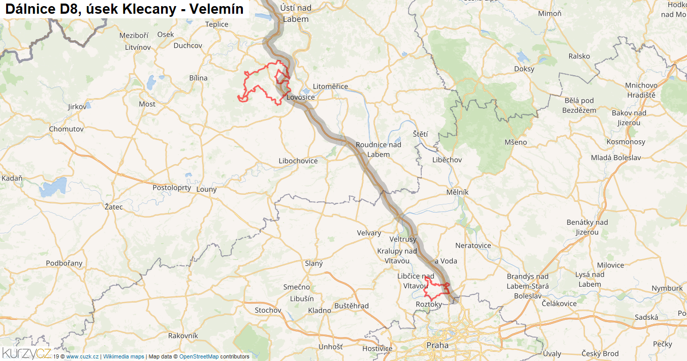 Úsek Klecany - Velemín, Dálnice D8 - Mapa