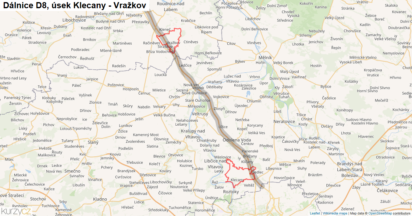 Úsek Klecany - Vražkov, Dálnice D8 - Mapa