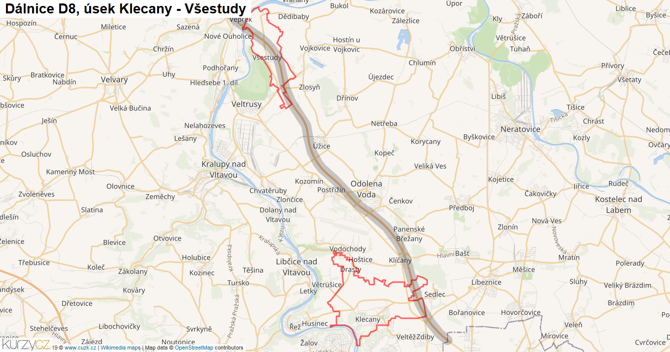 Úsek Klecany - Všestudy, Dálnice D8 - Mapa