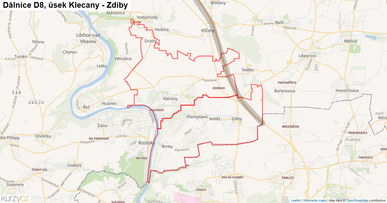 Úsek Klecany - Zdiby, Dálnice D8 - Mapa