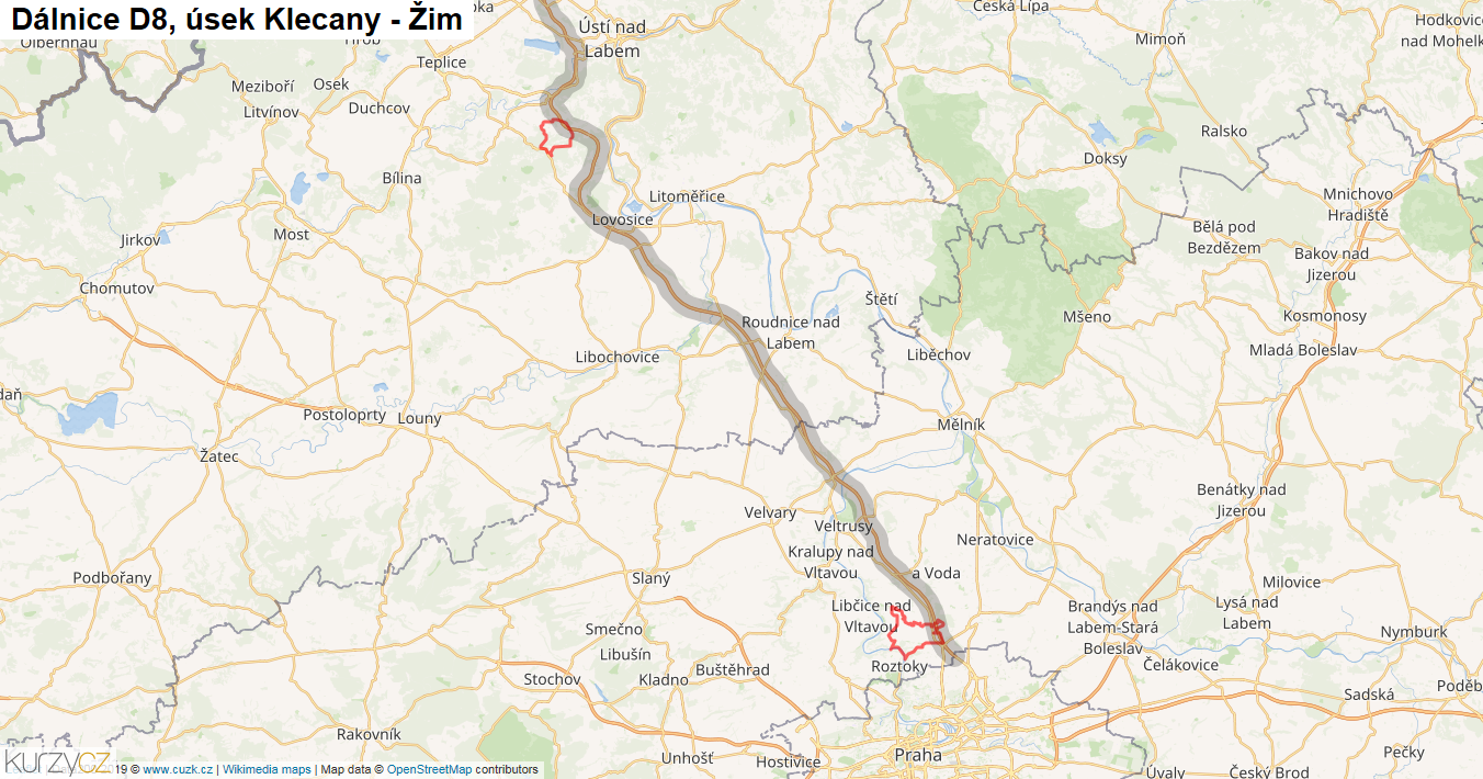 Úsek Klecany - Žim, Dálnice D8 - Mapa
