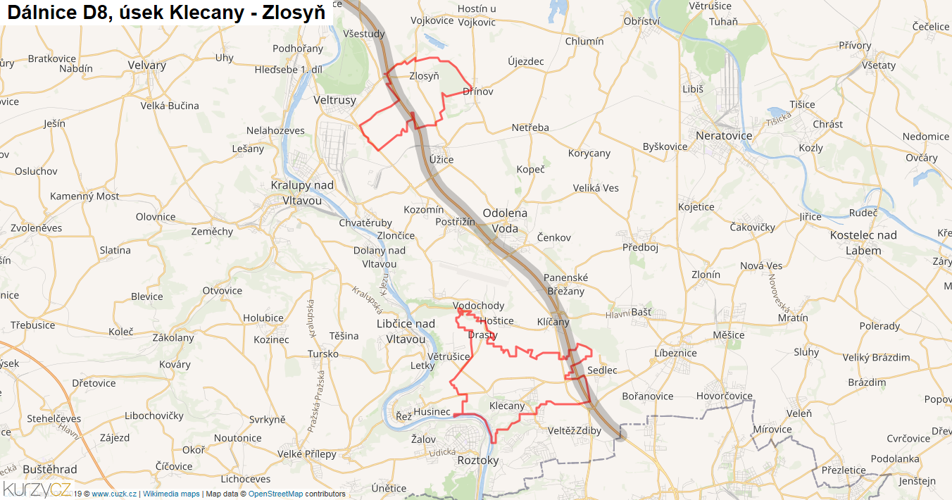 Úsek Klecany - Zlosyň, Dálnice D8 - Mapa