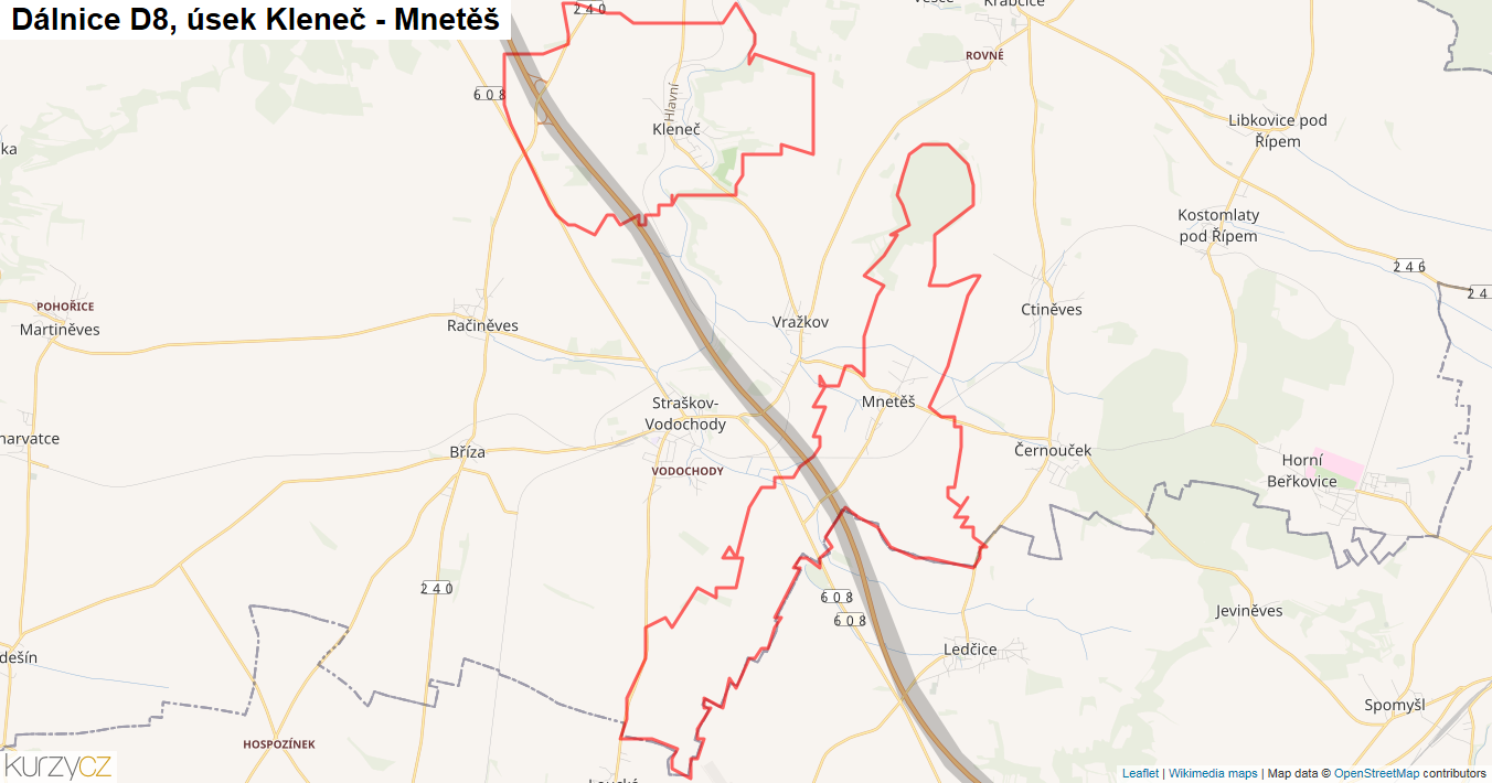 Úsek Kleneč - Mnetěš, Dálnice D8 - Mapa