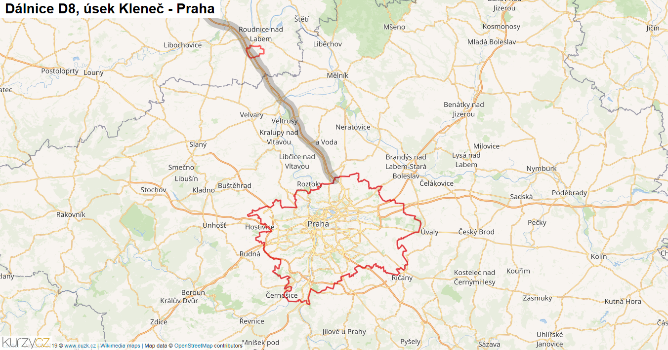 Úsek Kleneč - Praha, Dálnice D8 - Mapa