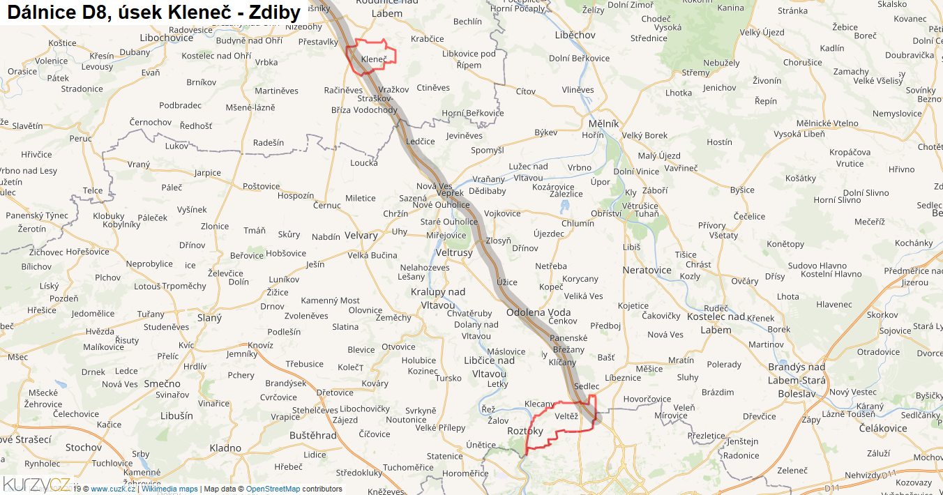 Úsek Kleneč - Zdiby, Dálnice D8 - Mapa