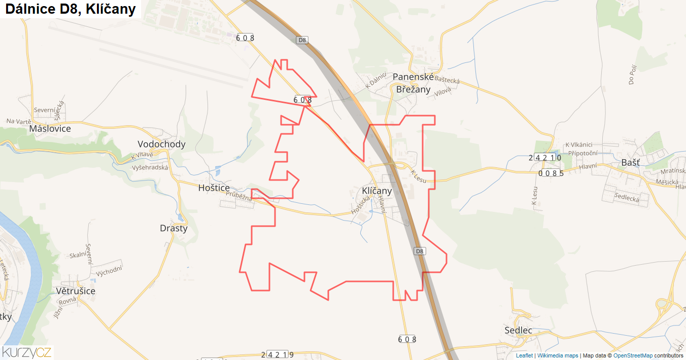 Klíčany, Dálnice D8 - Mapa