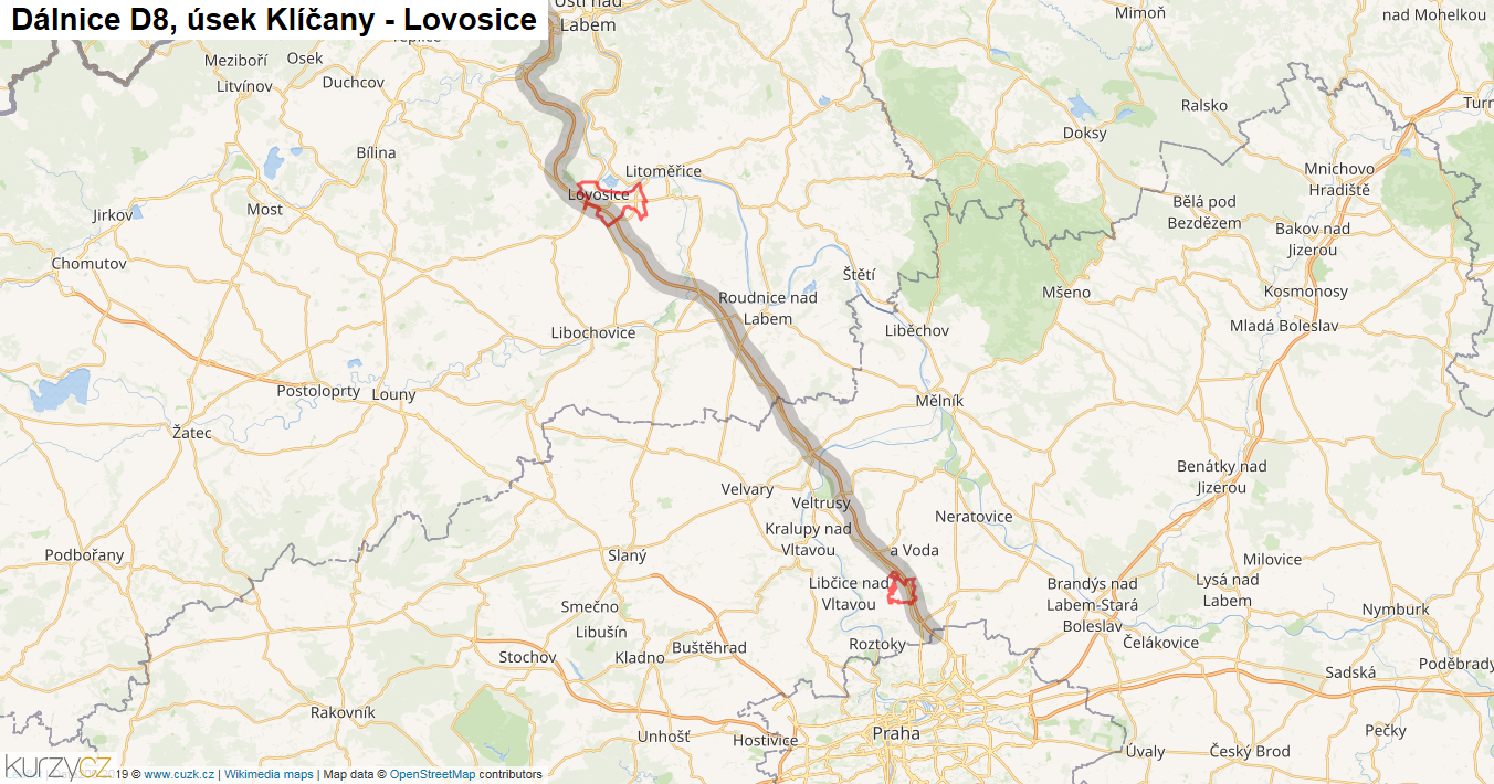 Úsek Klíčany - Lovosice, Dálnice D8 - Mapa