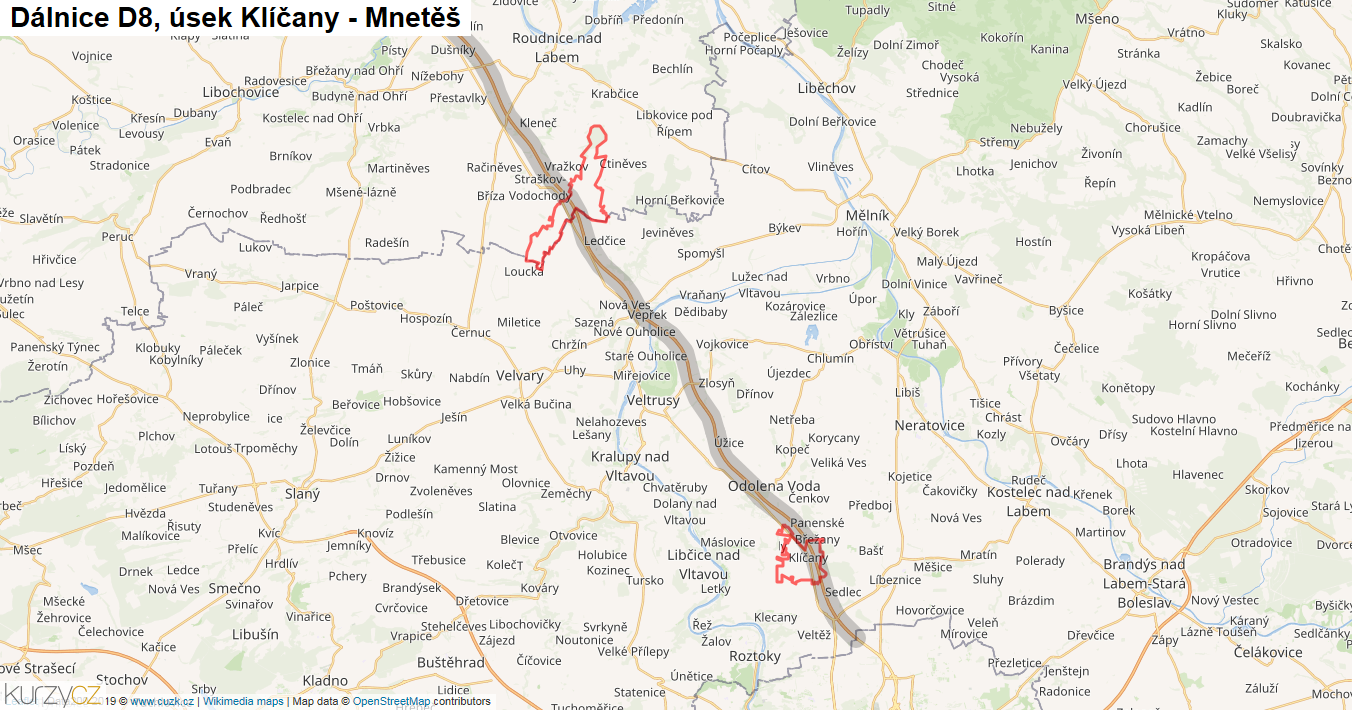 Úsek Klíčany - Mnetěš, Dálnice D8 - Mapa