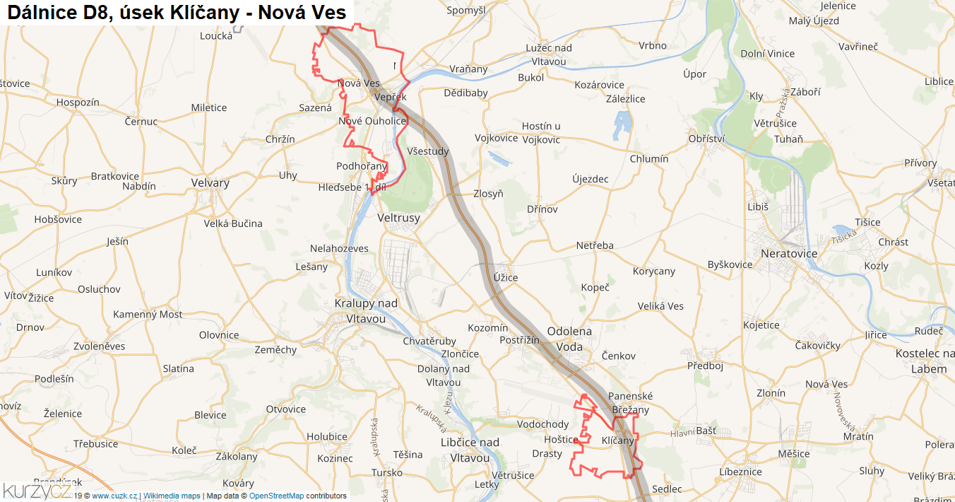 Úsek Klíčany - Nová Ves, Dálnice D8 - Mapa