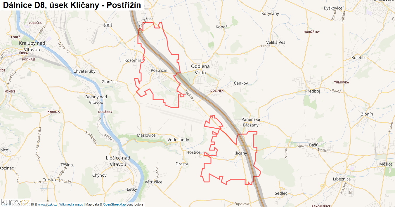 Úsek Klíčany - Postřižín, Dálnice D8 - Mapa