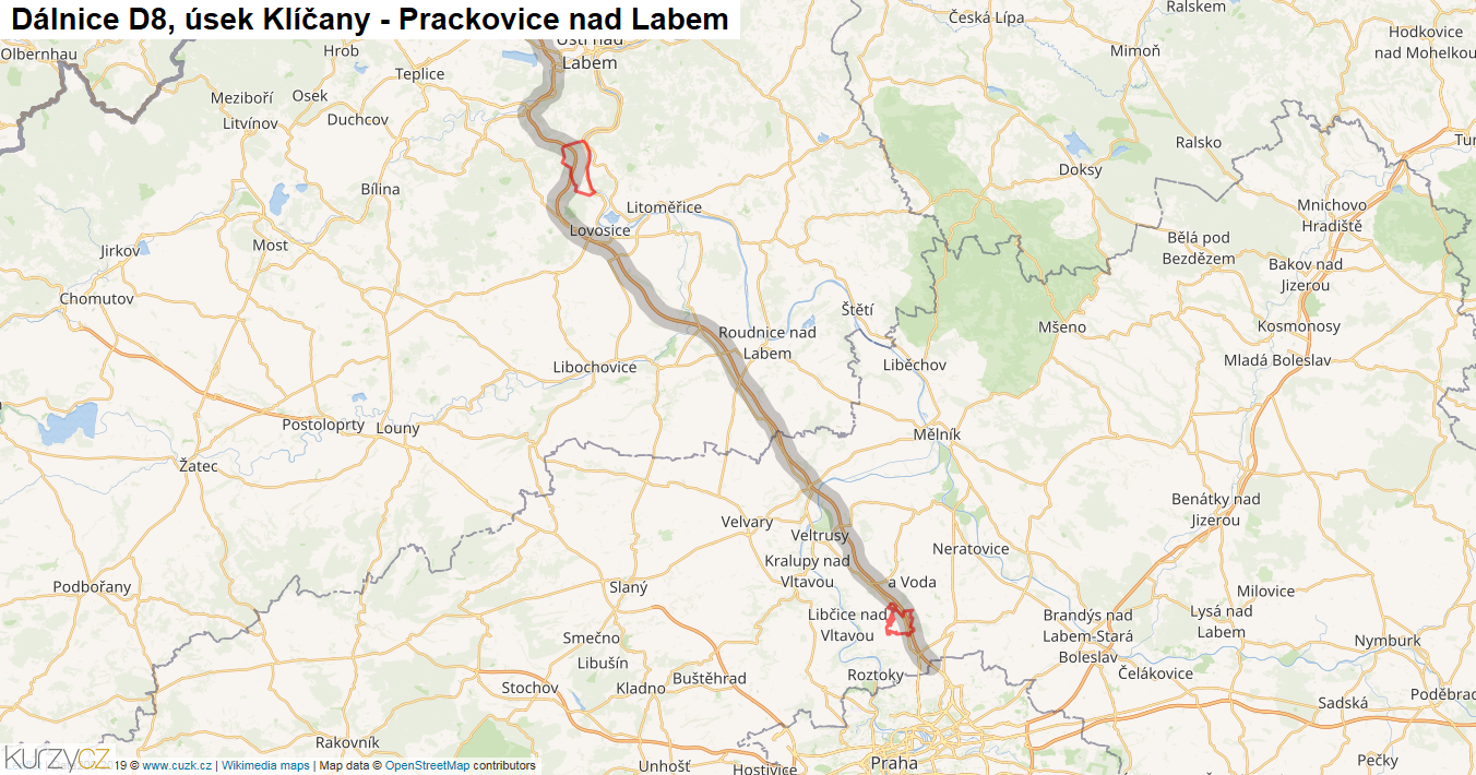 Úsek Klíčany - Prackovice nad Labem, Dálnice D8 - Mapa
