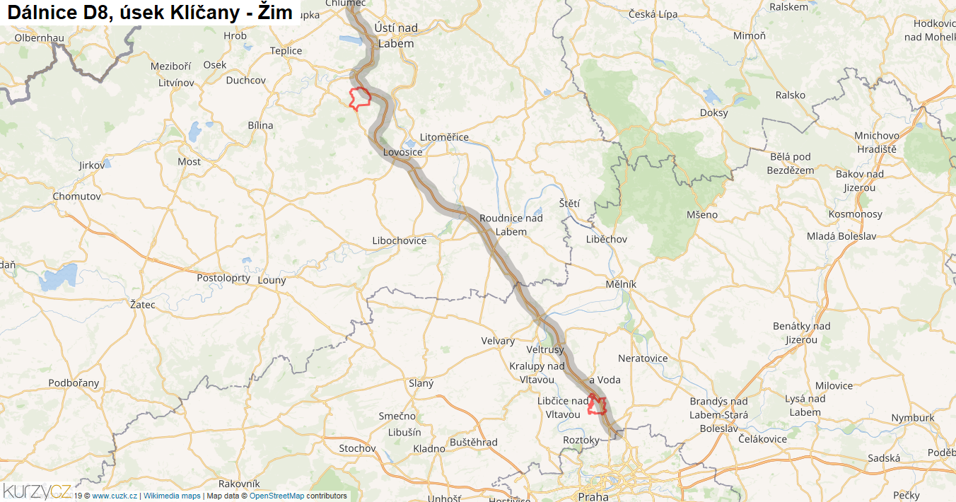 Úsek Klíčany - Žim, Dálnice D8 - Mapa