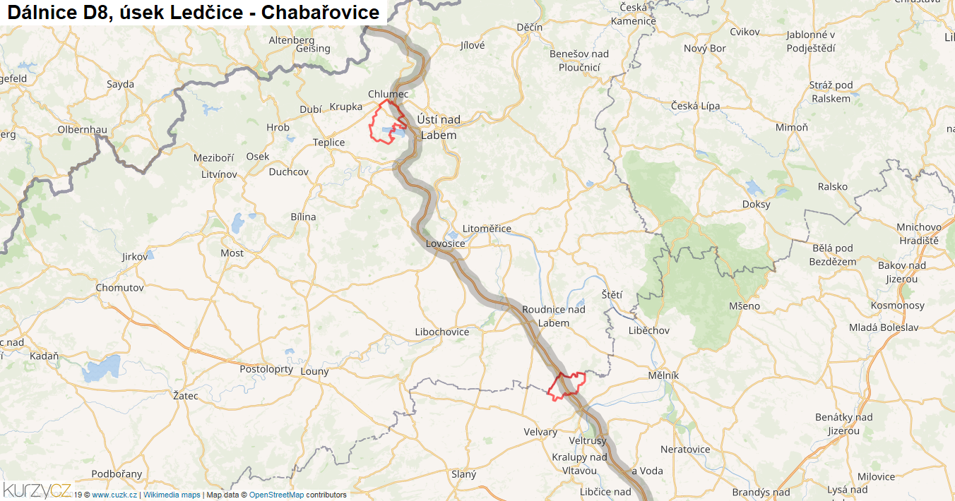 Úsek Ledčice - Chabařovice, Dálnice D8 - Mapa