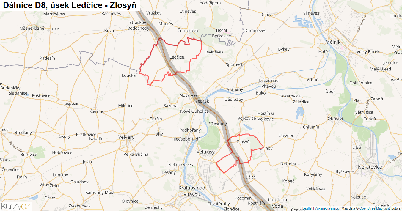 Úsek Ledčice - Zlosyň, Dálnice D8 - Mapa