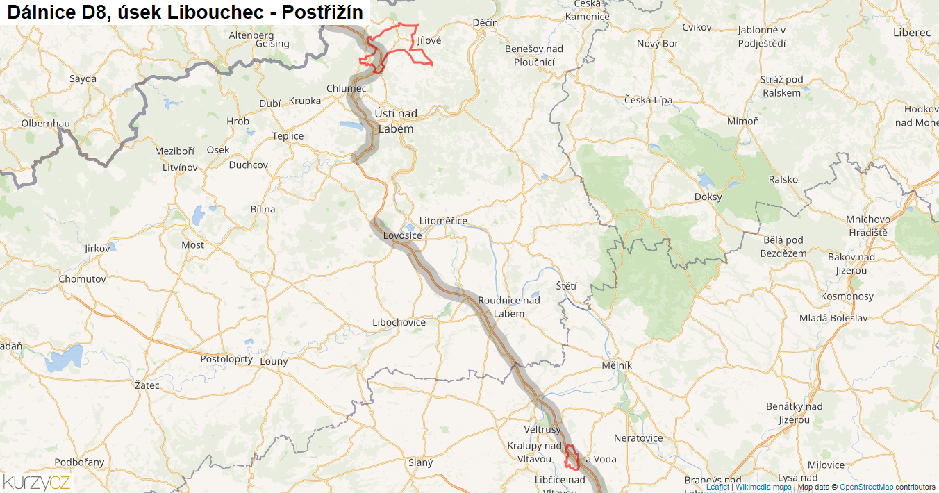 Úsek Libouchec - Postřižín, Dálnice D8 - Mapa