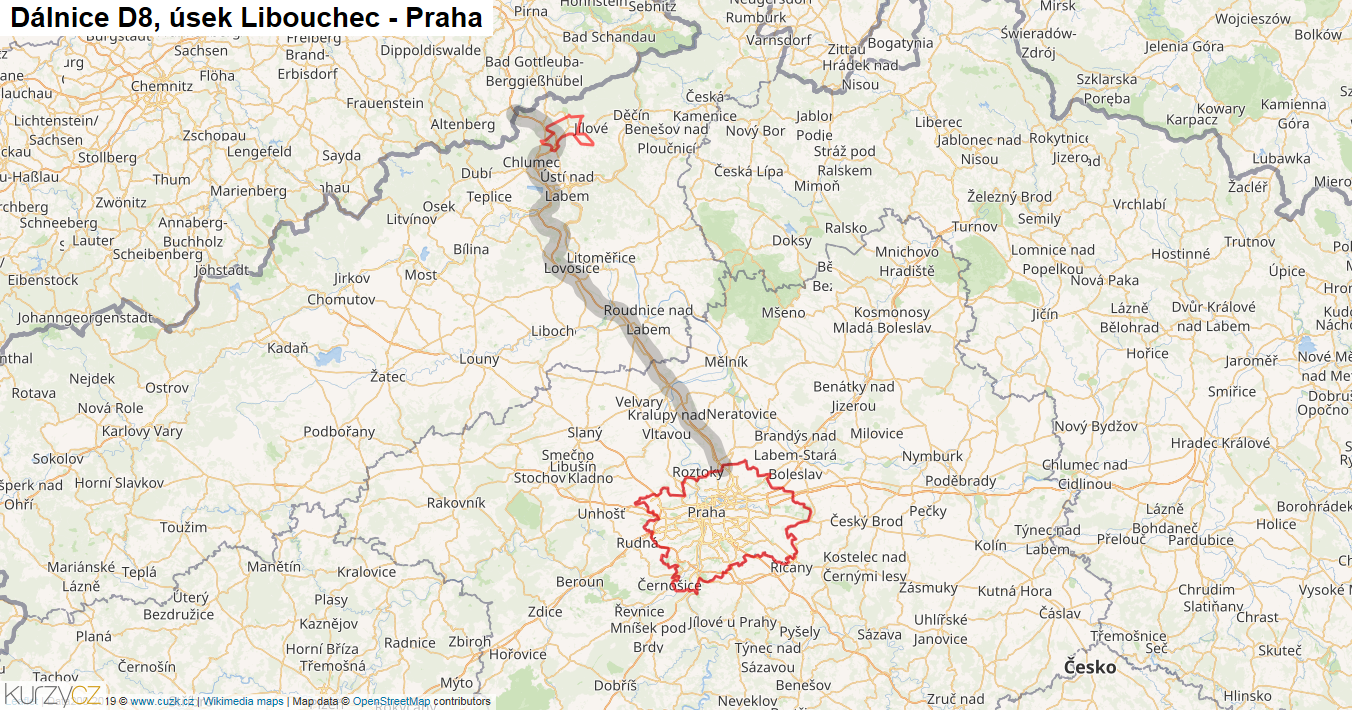 Úsek Libouchec - Praha, Dálnice D8 - Mapa