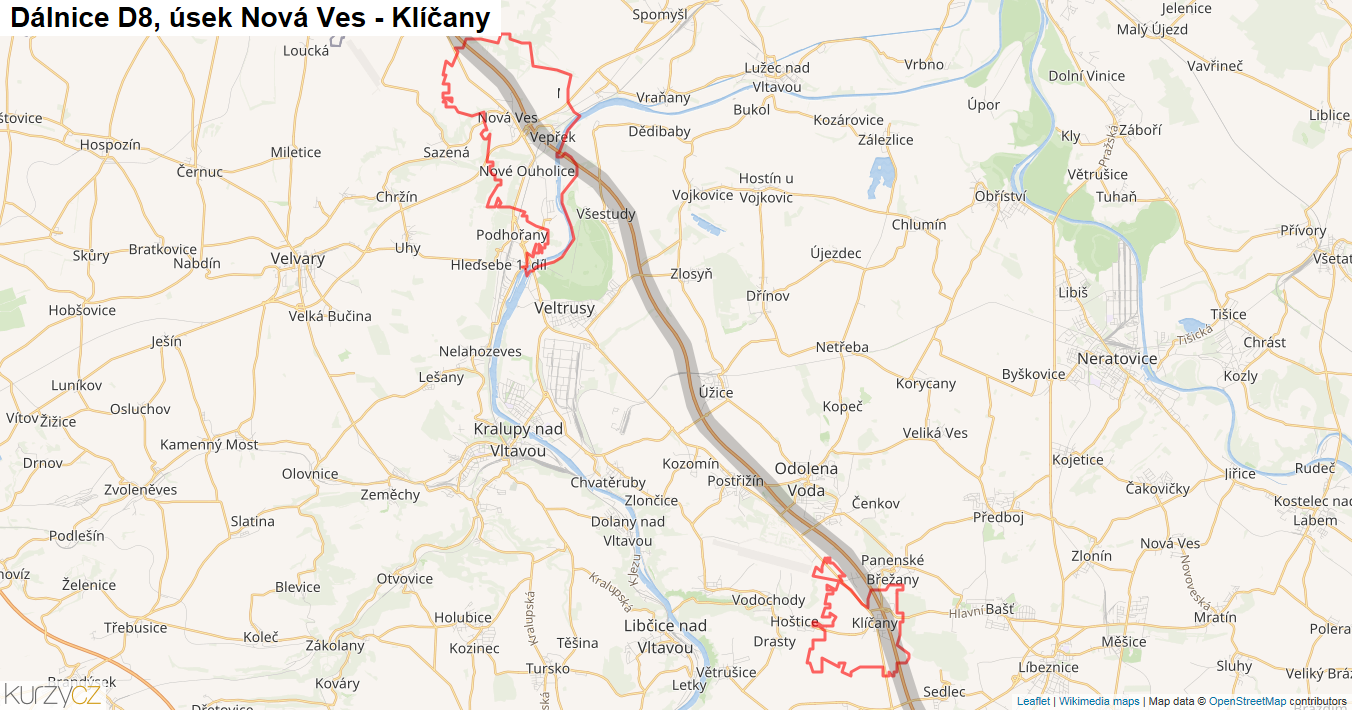 Úsek Nová Ves - Klíčany, Dálnice D8 - Mapa