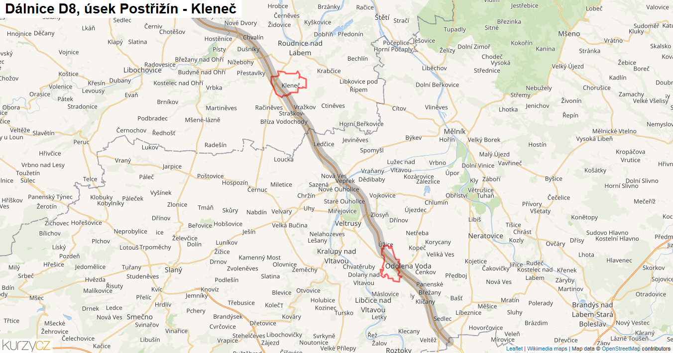 Úsek Postřižín - Kleneč, Dálnice D8 - Mapa