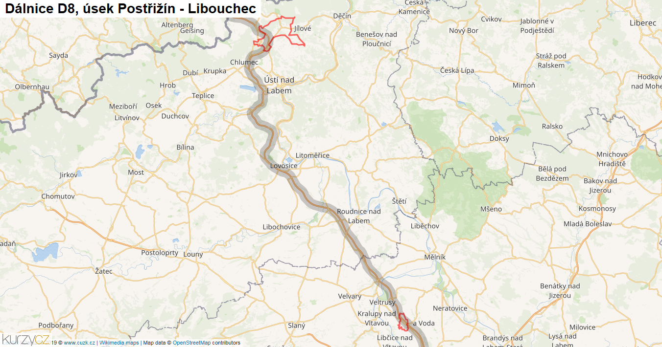 Úsek Postřižín - Libouchec, Dálnice D8 - Mapa