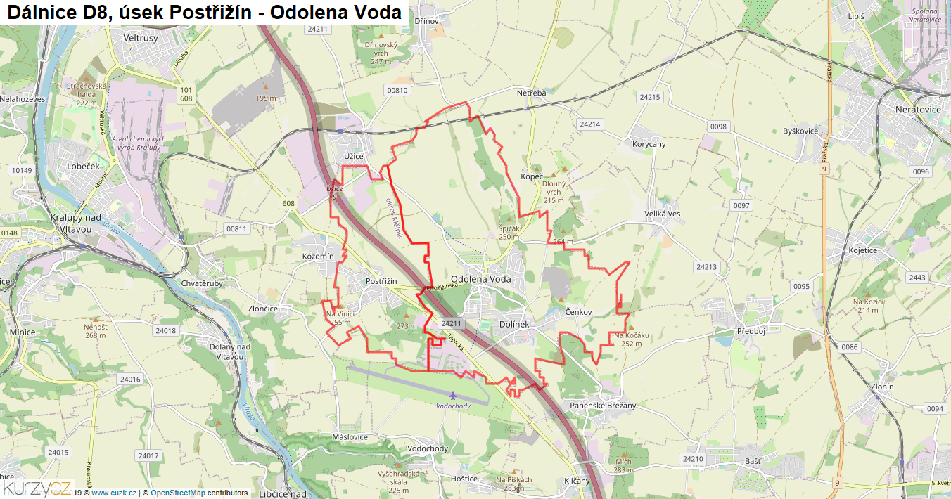 Úsek Postřižín - Odolena Voda, Dálnice D8 - Mapa