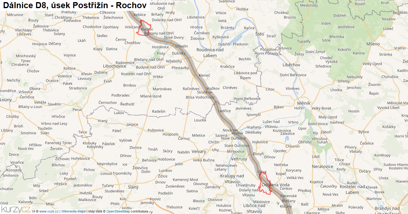 Úsek Postřižín - Rochov, Dálnice D8 - Mapa